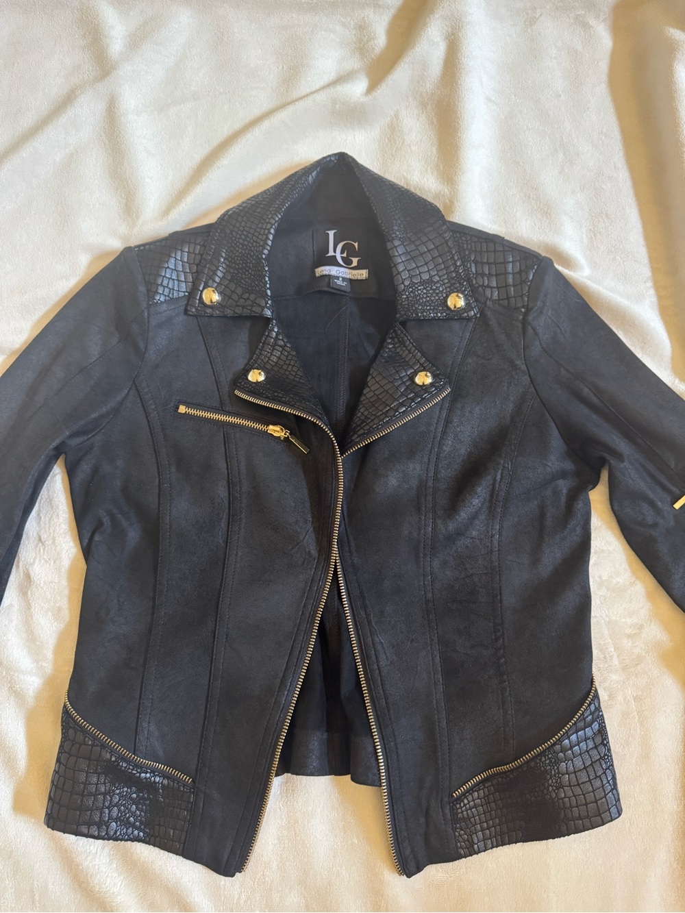 Lena Gabrielle Black Faux Leather Moto Jacket Croc-Texture and Gold tone Accents - Picture 7 of 8